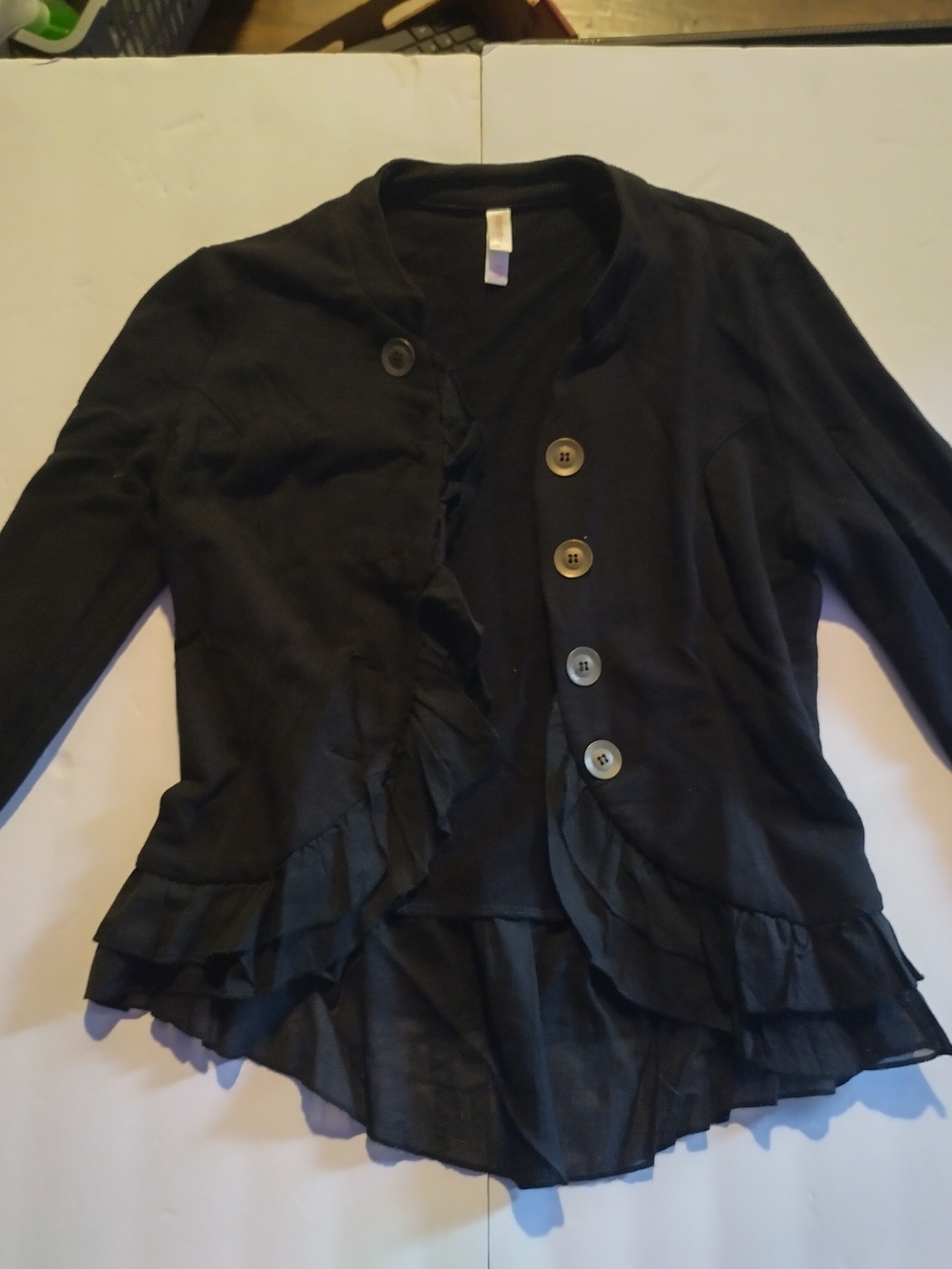 lack knit ruffle-trim cardigan jacket Black Ruffle-Trim Button Front Jacket XS